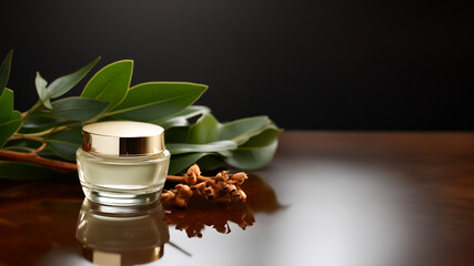 Tagescreme in einem wunderschönen Flacon verpackt und wunderbarer Dekoration Querformat, ai generativ