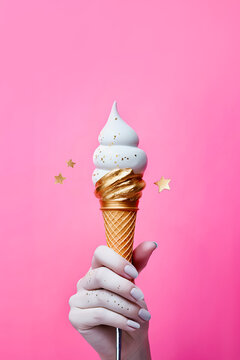 Naklejki An unusual artistic concept. Bright pink background and a female hand with milky nails. The hand is holding a dessert. Golden cone and creamy ice cream. Golden stars floating. Chic and sweet idea.