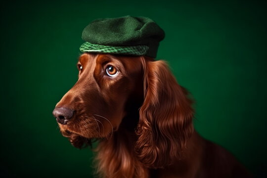 Red irish setter dog wearing green hat while celebration of St. Patrick's day. Copy space
