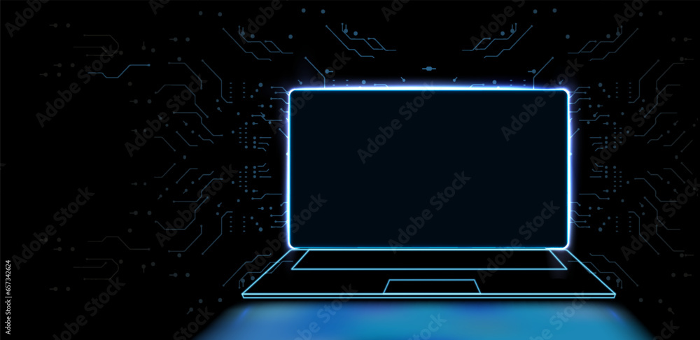 Poster portable neon computer with a blank screen and a desk in a dark room with blue lighting. vector illu