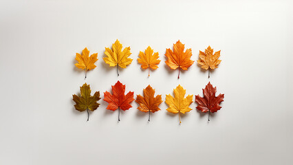 Viele schöne Herbstblätter mit verschiedenen Farben in Reihe als Vergleich im Querformat für Banner, ai generativ
