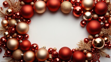 New year Christmas frame adorned with festive red balls decoration and glittering ornaments