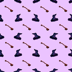 Halloween seamless pattern on purple background with broom and hat