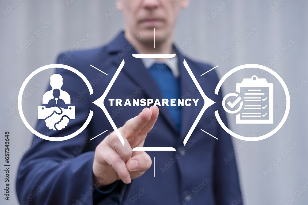 Wall mural man using virtual touch screen presses word: transparency. concept of business transparency. honest 