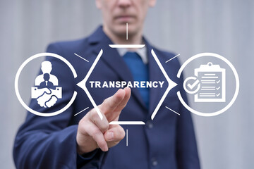 Man using virtual touch screen presses word: TRANSPARENCY. Concept of business transparency. Honest and clean company. Financial and economical stats sharing, publication and presentation.