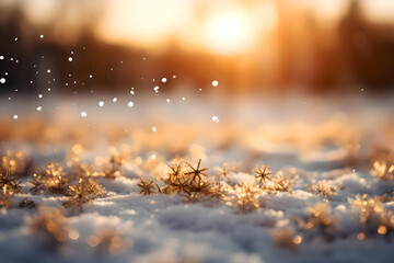 Winter snow background with snowdrifts, beautiful light and snow flakes with the golden hour sky