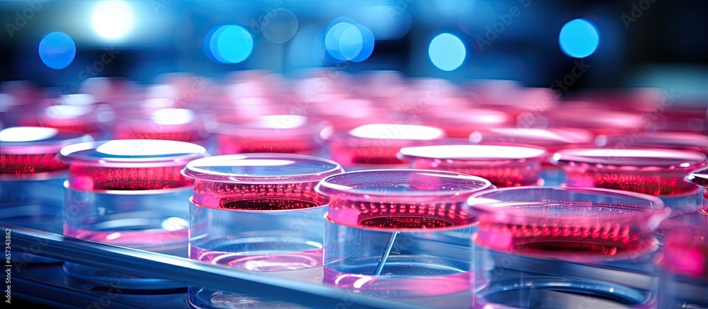 Poster genetic modification using crispr technology in the lab with 96 well plates with copyspace for text