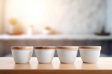 Row of ceramic pots for yogurt, cream. Generative AI