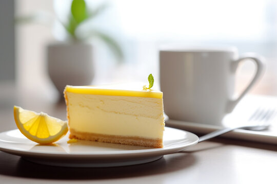 Portion of a lemon cheesecake decorated with mint leaf. Generative AI
