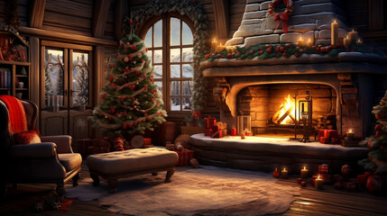 Cozy Winter Charm, Charming log cabin fireplace illustration set in a picturesque Christmas scene - obrazy, fototapety, plakaty