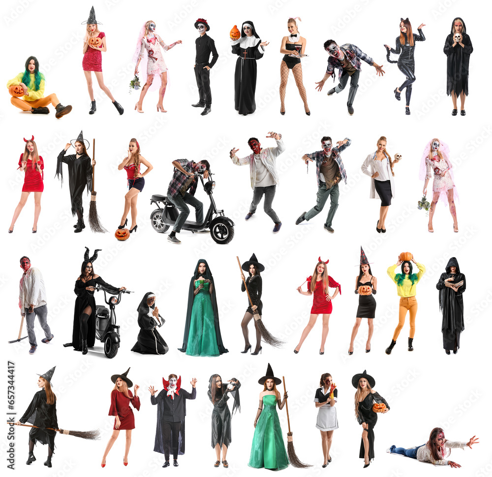 Sticker Set of many people in Halloween costumes isolated on white