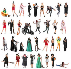 Set of many people in Halloween costumes isolated on white