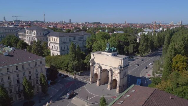 Beautiful aerial view flight drone Victory Gate old street town Munich Germany 