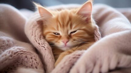 Cute little red kitten sleeps on fur white blanket
