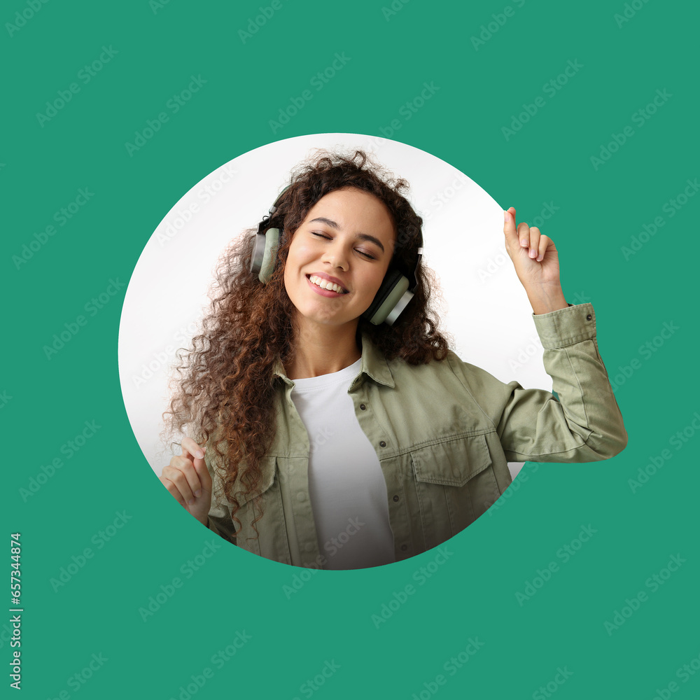 Poster happy young african-american woman in headphones on green background