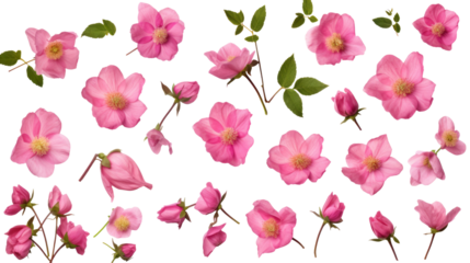 Collection of Pink Wild Rose Flowers, Buds, and Leaves Isolated on a Transparent Background
