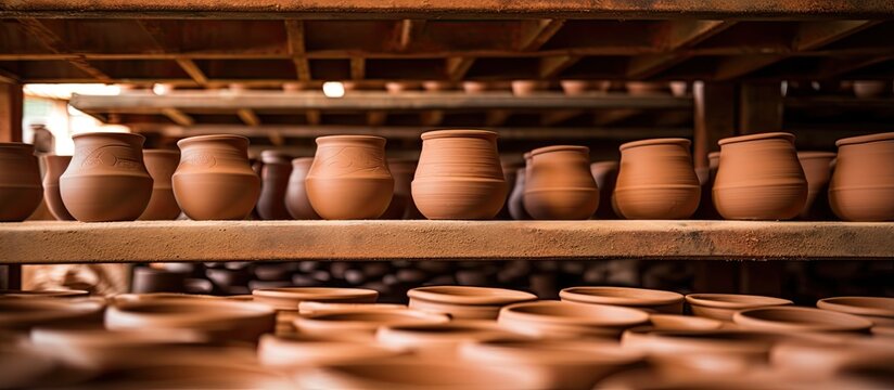 Potter s workshop filled with various pottery on wooden shelves With copyspace for text