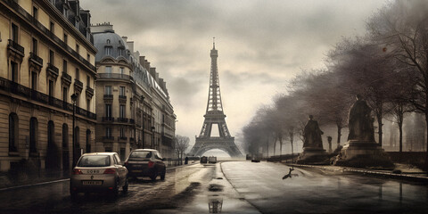 Fototapeta na wymiar Dramatic Panoramic View of Paris with Eiffel Tower on Cloudy Day - Generative AI