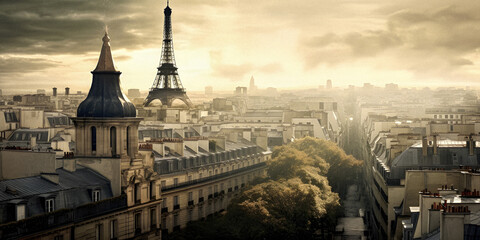 Dramatic Panoramic View of Paris with Eiffel Tower on Cloudy Day - Generative AI