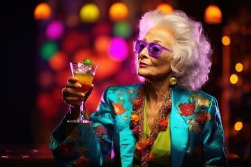 Elderly woman enjoys a colorful cocktail at summer and New Year's Eve party
