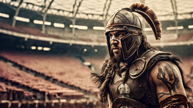 Modern Viking Gladiator at an American Football Stadium. Generative ai.