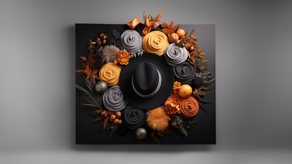 Bilderrahmen an der Wand mit wunderschönen Hut und Herbstblätter mit Knospen dekoriert im Querformat, ai generativ