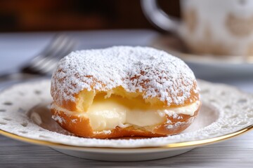 Close up shot of delicious stuffed donut filled with cream