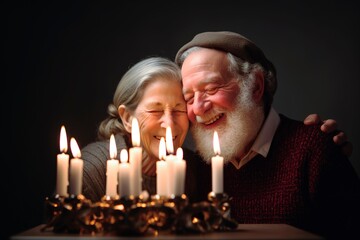 Elderly Jewish couple embracing each other in front of candles menorah for Hanukkah celebration. Dark background, tender shot