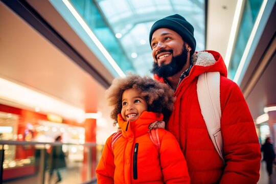 Afro American Father And Daughter Enjoying Shopping Day In The Mall. Black Friday Concept