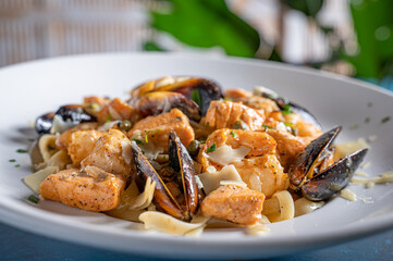 Seafood stew with mussels, shrimp and fish.