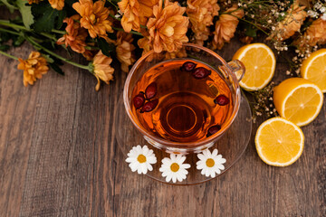 Herbal tea made from chamomile, rose hips. Healthy lifestyle. Folk methods