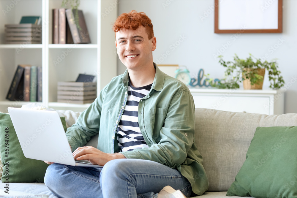 Canvas Prints young redhead man using laptop on sofa at home