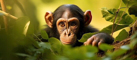 Chimpanzee in protected Kibale forest Uganda for African wildlife safari - obrazy, fototapety, plakaty