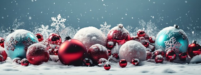 christmas baubles and ornaments laying on the snow, banner, backdrop, design, hollidays, festive, new year, background - obrazy, fototapety, plakaty