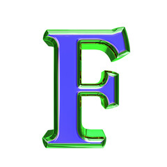 Blue 3d symbol in a green frame. letter f