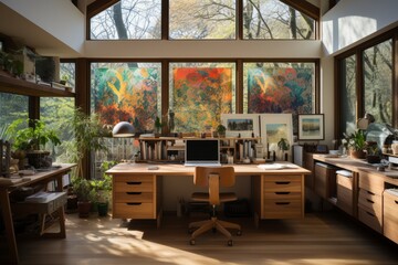 A home office bathed in natural light, with a minimalist desk, modern ergonomic chair, and a gallery wall of motivational artwork