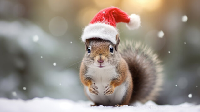 A squirrel in Santa Claus hat in snow on Christmas poster - Generative AI