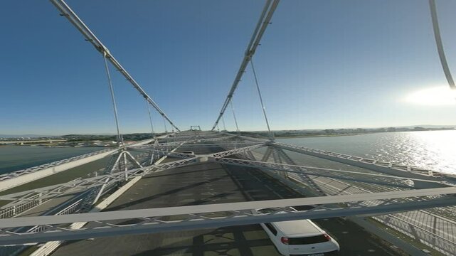 Bridge Hercílio Luz, flying fpv drone between the. bridge gates. Vertical video.