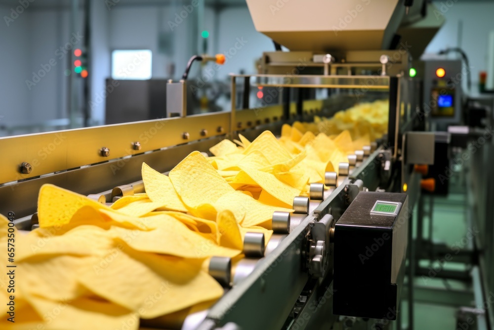 Poster chips factory. production conveyor line. background with selective focus and copy space