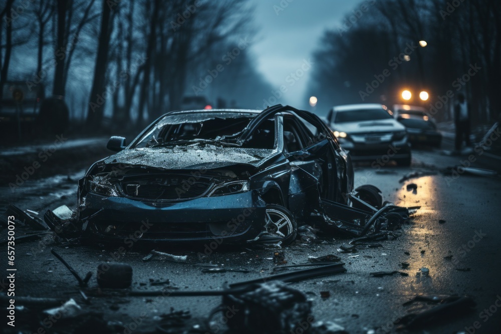 Poster broken car in an accident. crash on the road. background with selective focus and copy space
