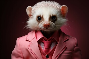 Cute funny anthropomorphic Ferret in clothes. Pink mood concept. Portrait with selective focus and copy space