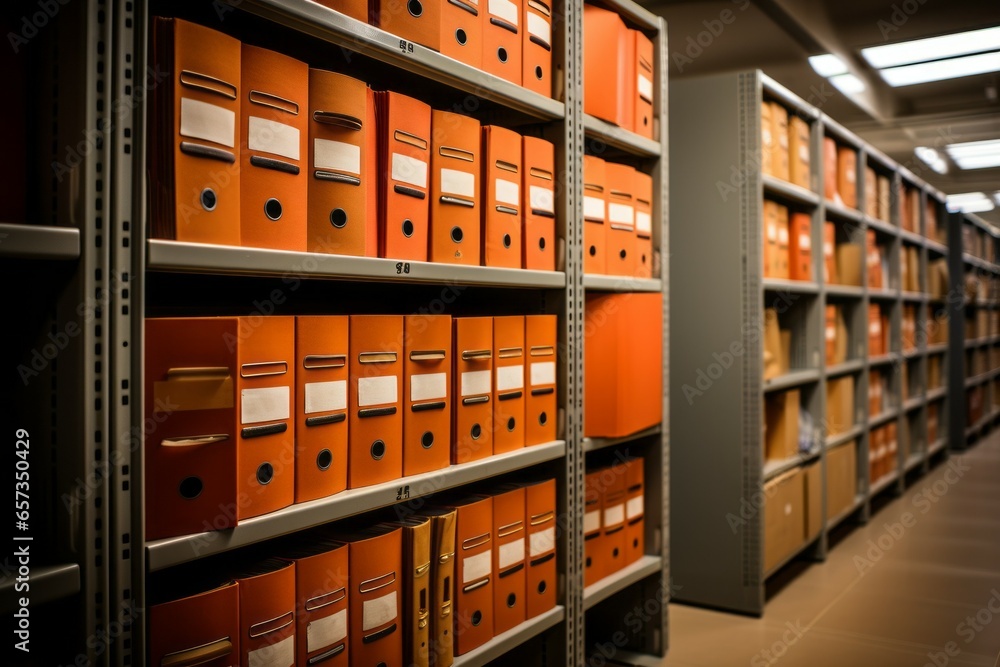 Poster warehouse for storing folders with archival documents. background with selective focus and copy spac
