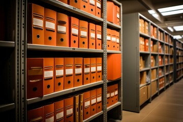 Warehouse for storing folders with archival documents. Background with selective focus and copy space - obrazy, fototapety, plakaty