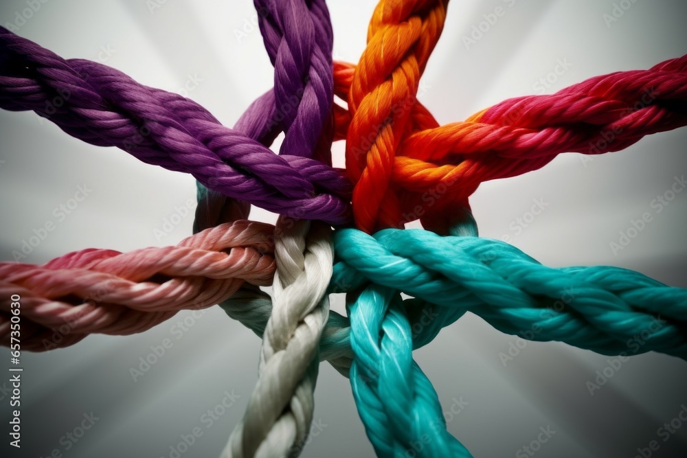 Poster different ropes are woven into a knot. teamwork concept. background with selective focus and copy sp