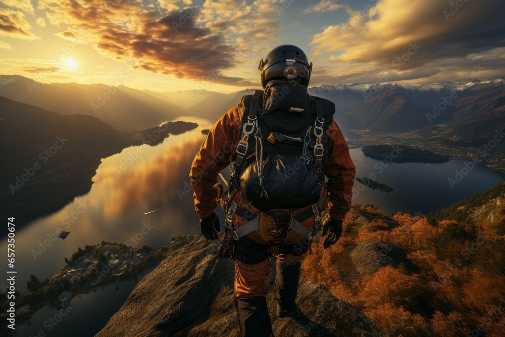 Poster skydiver engages in extreme hobbies. background with selective focus and copy space