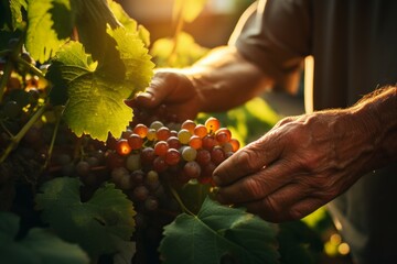 The hands of a winemaker or farmer picking delicious grapes during the harvest season. Background - obrazy, fototapety, plakaty