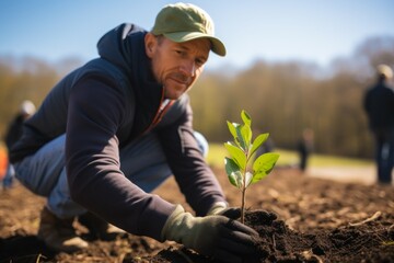 Naklejka na ściany i meble Planting new trees in the park. Man on blurred background of a seedling.