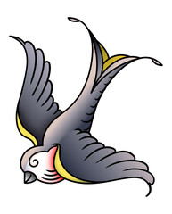 A stylized illustration of a blue swallow with red and yellow accents.