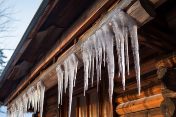 Icicles hanging from the eaves of a rustic wooden house