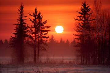 Sunset in a snowy forest, the sun appearing as a large, radiant circle in the center, trees silhouette, warm